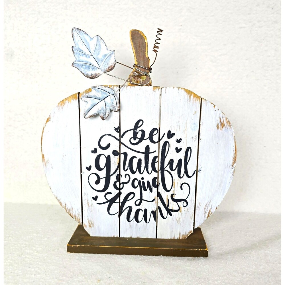 Wooden Pumpkin Figurine with Metal Leaves Freestanding Thanksgiving Table Decor